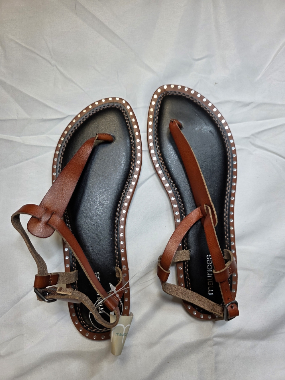 Maurices Brown Leather T-Strap Painted Stud Sandals — Women's Size 8